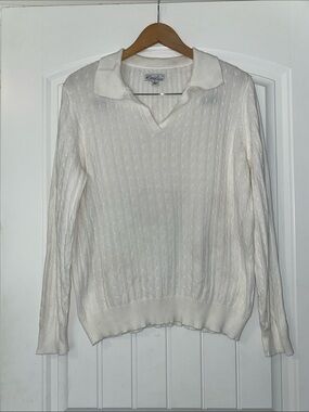 Kim Rogers White Cable Knit V-Neck Sweater with Fold-Over Collar size XL